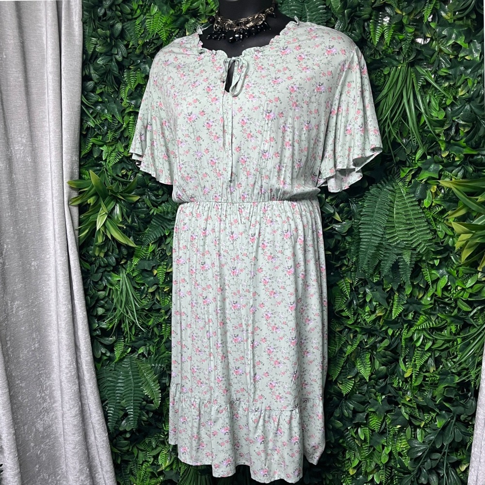Nemidor Dress Size 24 Green Floral Print Midi Flutter Sleeve Tie Neck Boho 3426‎